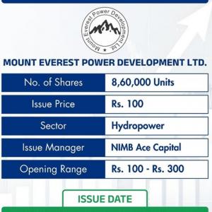 स्थानीयवासी तथा वैदेशिक रोजगारीमा रहेकाहरुका लागि माउन्ट एभरेष्ट पावर डेभलपमेन्टले आजदेखि आईपीओ बेच्ने